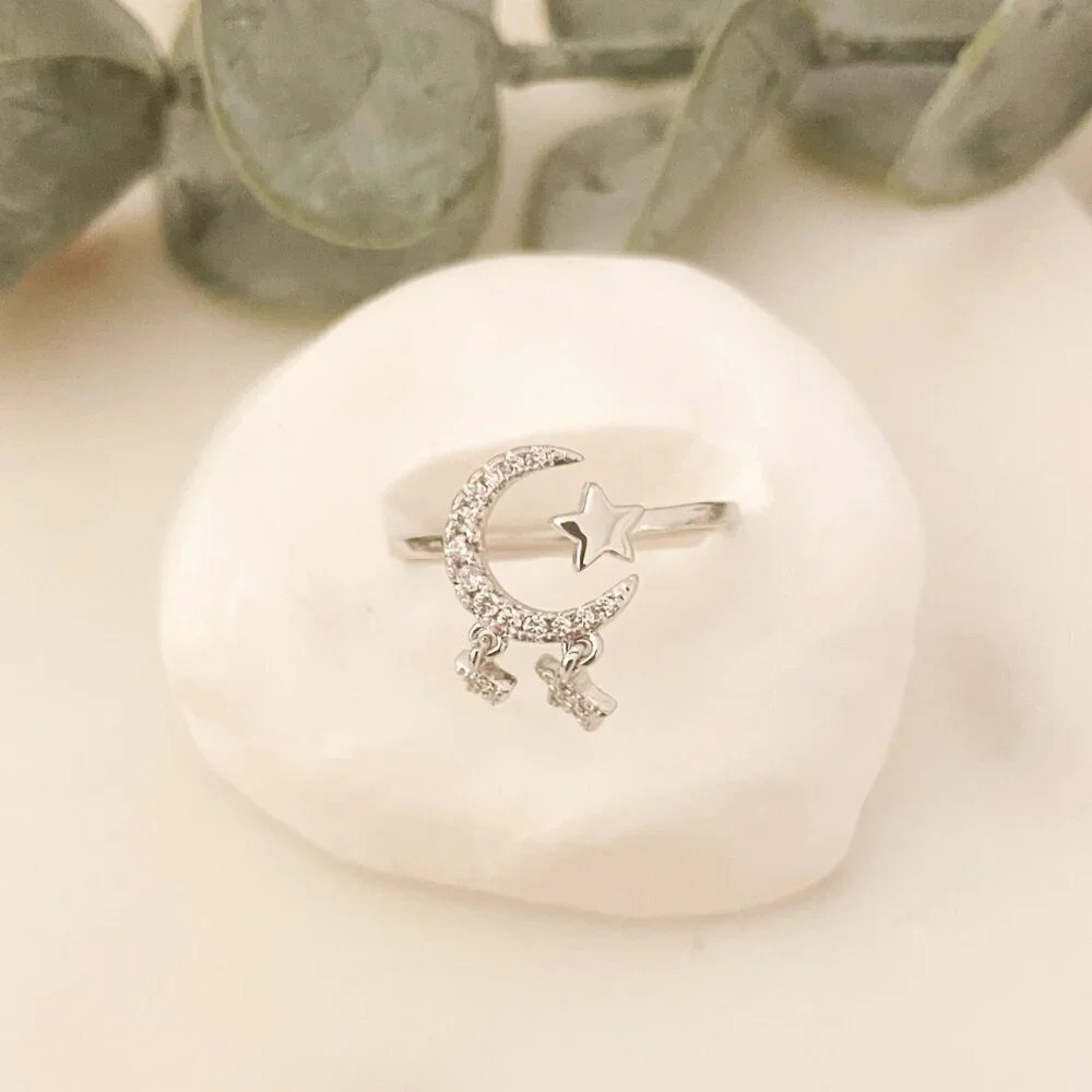 925 Sterling Silver Dangle Moon & Star Ring Dangle Charm Ring Dainty Silver Ring - Picture 6 of 8
